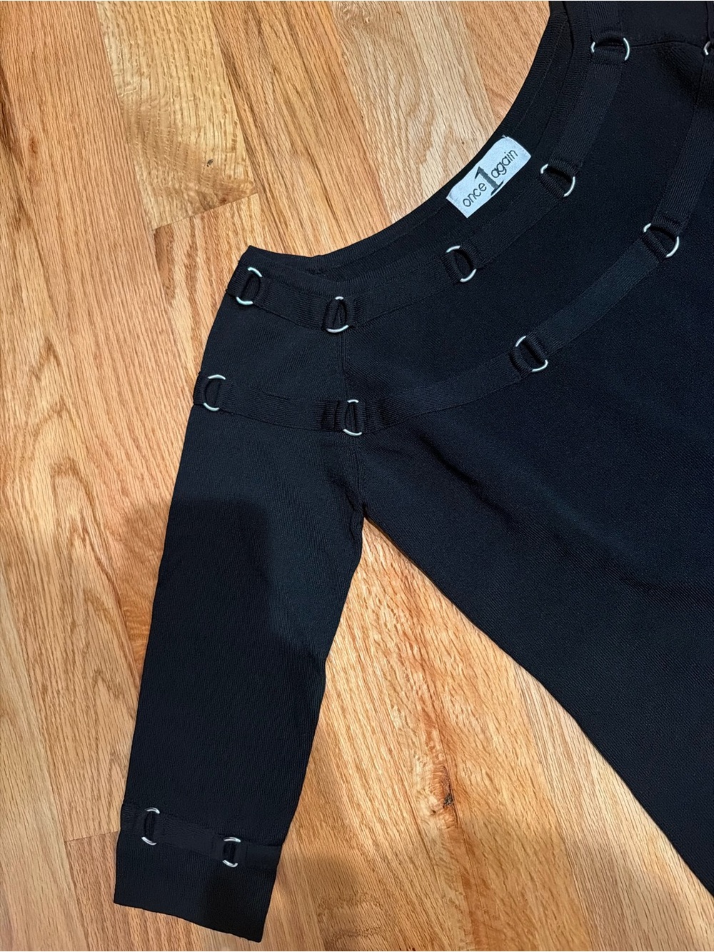 Once Again Black womens top with Ring-Detail Waist